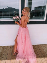 Pink Lace Appliqued Long Prom Dress with Slit Spaghetti Strap FD1739