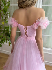 Pink Off the Shoulder Tulle Prom Dresses with Flower Neckline & Lace-Up Back - TO0009