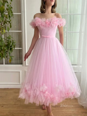 Pink Off the Shoulder Tulle Prom Dresses with Flower Neckline & Lace-Up Back - TO0009