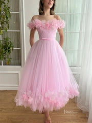 Pink Off the Shoulder Tulle Prom Dresses with Flower Neckline & Lace-Up Back - TO0009