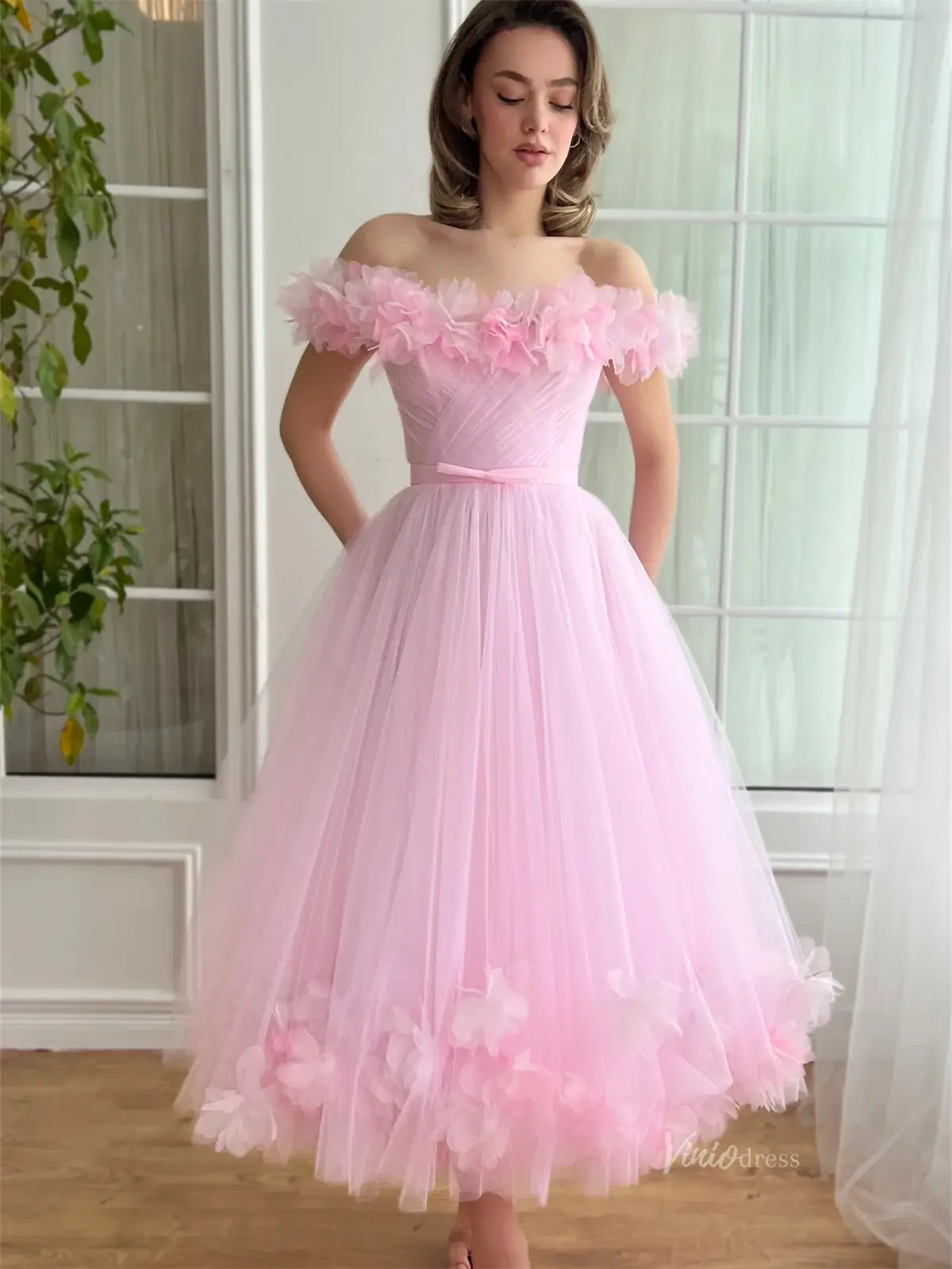 Pink Off the Shoulder Tulle Prom Dresses with Flower Neckline & Lace-Up Back - TO0009