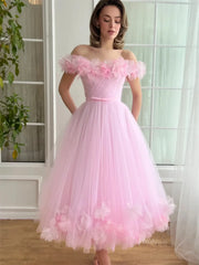 Pink Off the Shoulder Tulle Prom Dresses with Flower Neckline & Lace-Up Back - TO0009