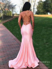 Pink Satin Mermaid Prom Dresses Spaghetti Strap Open Back Evening Dress FD2122