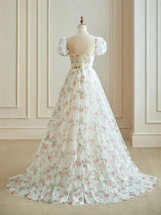 Pink Starry Tulle Floral Prom Dresses with Slit & Puffes Sleeve - FD5107