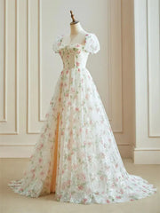 Pink Starry Tulle Floral Prom Dresses with Slit & Puffes Sleeve - FD5107