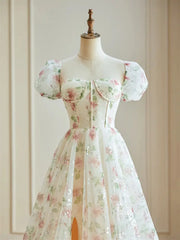 Pink Starry Tulle Floral Prom Dresses with Slit & Puffes Sleeve - FD5107