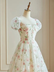 Pink Starry Tulle Floral Prom Dresses with Slit & Puffes Sleeve - FD5107