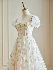 Pink Starry Tulle Floral Prom Dresses with Slit & Puffes Sleeve - FD5107