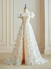 Pink Starry Tulle Floral Prom Dresses with Slit & Puffes Sleeve - FD5107