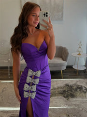 Purple Satin Sheath Prom Dresses with Slit, Beaded Bow & Sweetheart Neckline - FD6013