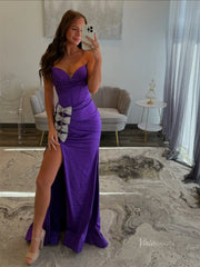 Purple Satin Sheath Prom Dresses with Slit, Beaded Bow & Sweetheart Neckline - FD6013