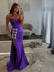 Purple Satin Sheath Prom Dresses with Slit, Beaded Bow & Sweetheart Neckline - FD6013