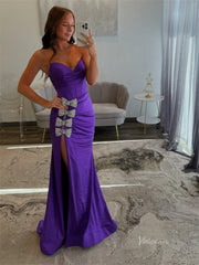 Purple Satin Sheath Prom Dresses with Slit, Beaded Bow & Sweetheart Neckline - FD6013