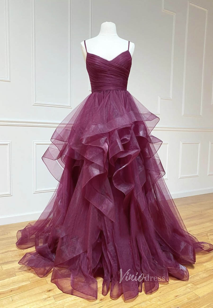 Red Plum Layered Prom Dresses Spaghetti Strap Formal Gown FD2114