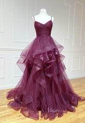 Red Plum Layered Prom Dresses Spaghetti Strap Formal Gown FD2114