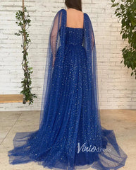 Royal Blue Star Prom Dresses Long Cape Sleeve Formal Evening Gown FD2770