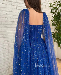 Royal Blue Star Prom Dresses Long Cape Sleeve Formal Evening Gown FD2770