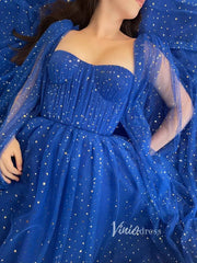 Royal Blue Star Prom Dresses Long Cape Sleeve Formal Evening Gown FD2770