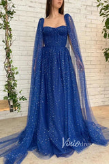 Royal Blue Star Prom Dresses Long Cape Sleeve Formal Evening Gown FD2770