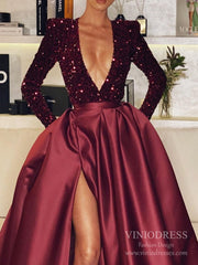 Sexy Deep V-neck Burgundy Satin Prom Dresses with Pockets FD2516