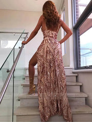 Sexy Gold Sequin Long Prom Dresses with Slit FD1609