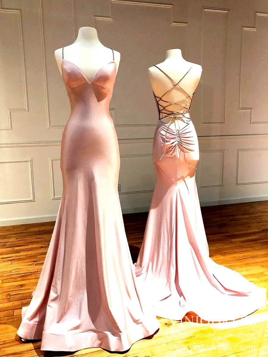 Sexy Lace Up Back Mermaid Satin Prom Dresses V Neck Blush Formal Dress FD2048