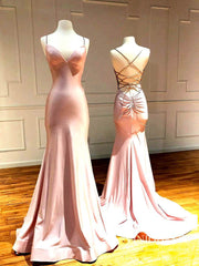 Sexy Lace Up Back Mermaid Satin Prom Dresses V Neck Blush Formal Dress FD2048