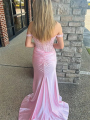 Sheath Pink Satin Prom Dresses 2025 with Slit, Lace Bodice & Off the Shoulder - FD6014