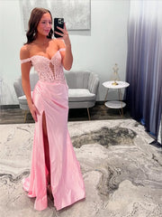 Sheath Pink Satin Prom Dresses 2025 with Slit, Lace Bodice & Off the Shoulder - FD6014