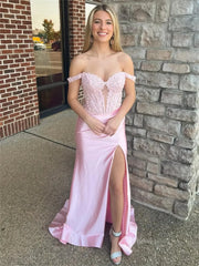Sheath Pink Satin Prom Dresses 2025 with Slit, Lace Bodice & Off the Shoulder - FD6014
