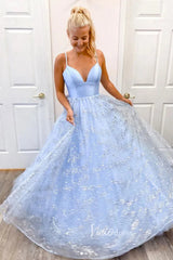 Shiny Light Blue Lace Long Prom Dresses FD1450
