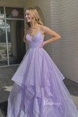 Shiny Lilac Long Prom Dresses Tiered Formal Dress with Strap FD2954