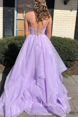 Shiny Lilac Long Prom Dresses Tiered Formal Dress with Strap FD2954