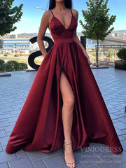 Simple Elegant Spaghetti Strap Satin Prom Dress High Slit Gown with Pockets FD1551