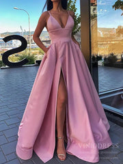 Simple Elegant Spaghetti Strap Satin Prom Dress High Slit Gown with Pockets FD1551