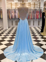 Simple Light Blue Long Prom Dresses with Slit and Pockets FD1513