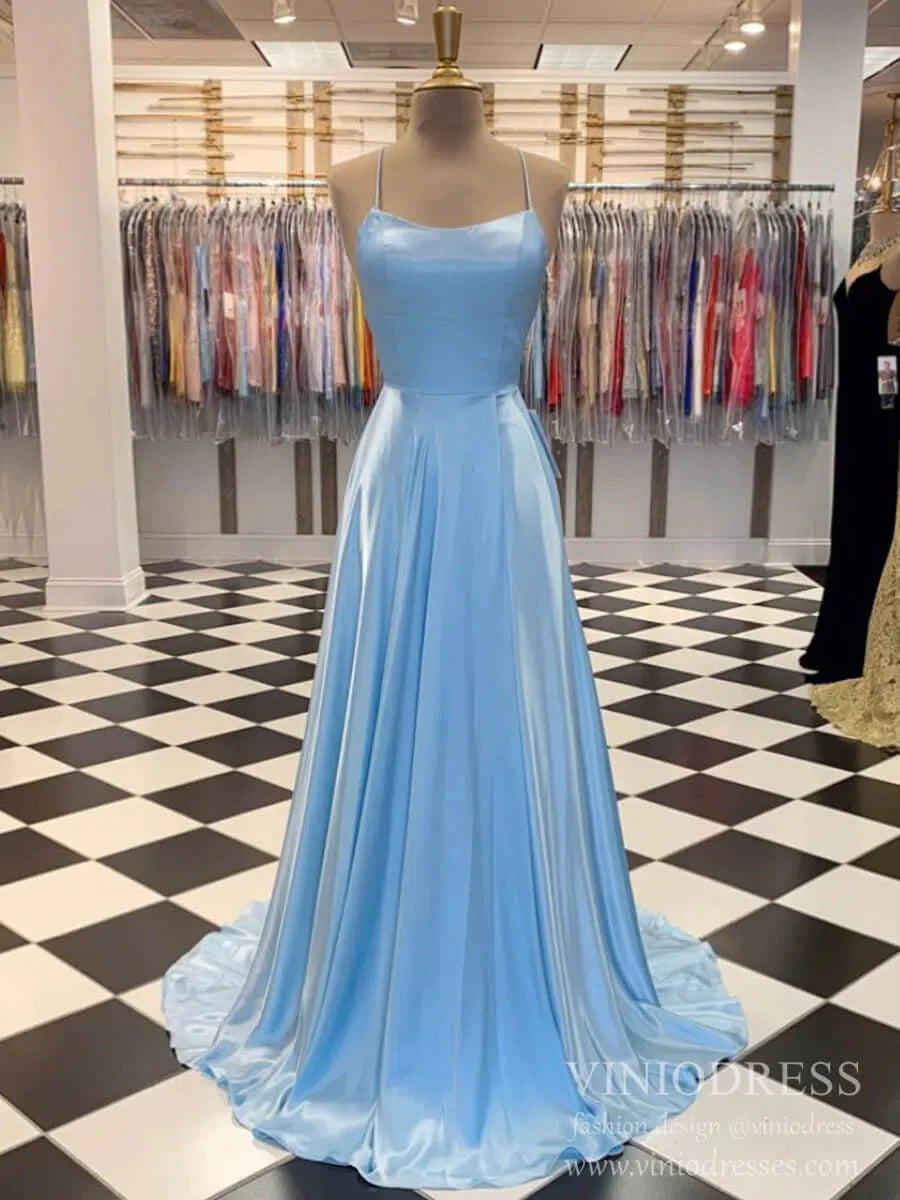 Simple Light Blue Long Prom Dresses with Slit and Pockets FD1513