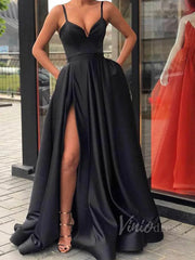 Simple Royal Blue Satin Long Prom Dresses with Pockets FD1551B