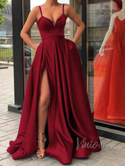 Simple Royal Blue Satin Long Prom Dresses with Pockets FD1551B