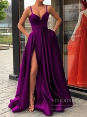 Simple Royal Blue Satin Long Prom Dresses with Pockets FD1551B