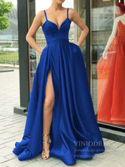Simple Royal Blue Satin Long Prom Dresses with Pockets FD1551B
