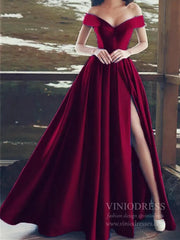 Simple Satin Emerald Green Long Prom Dresses with Slit FD1700