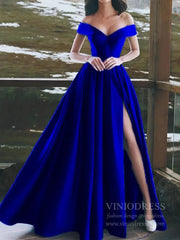 Simple Satin Emerald Green Long Prom Dresses with Slit FD1700