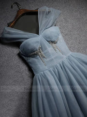 Simple Slate Blue Tulle Long Prom Dresses Off the Shoulder FD1619