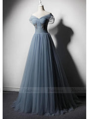 Simple Slate Blue Tulle Long Prom Dresses Off the Shoulder FD1619