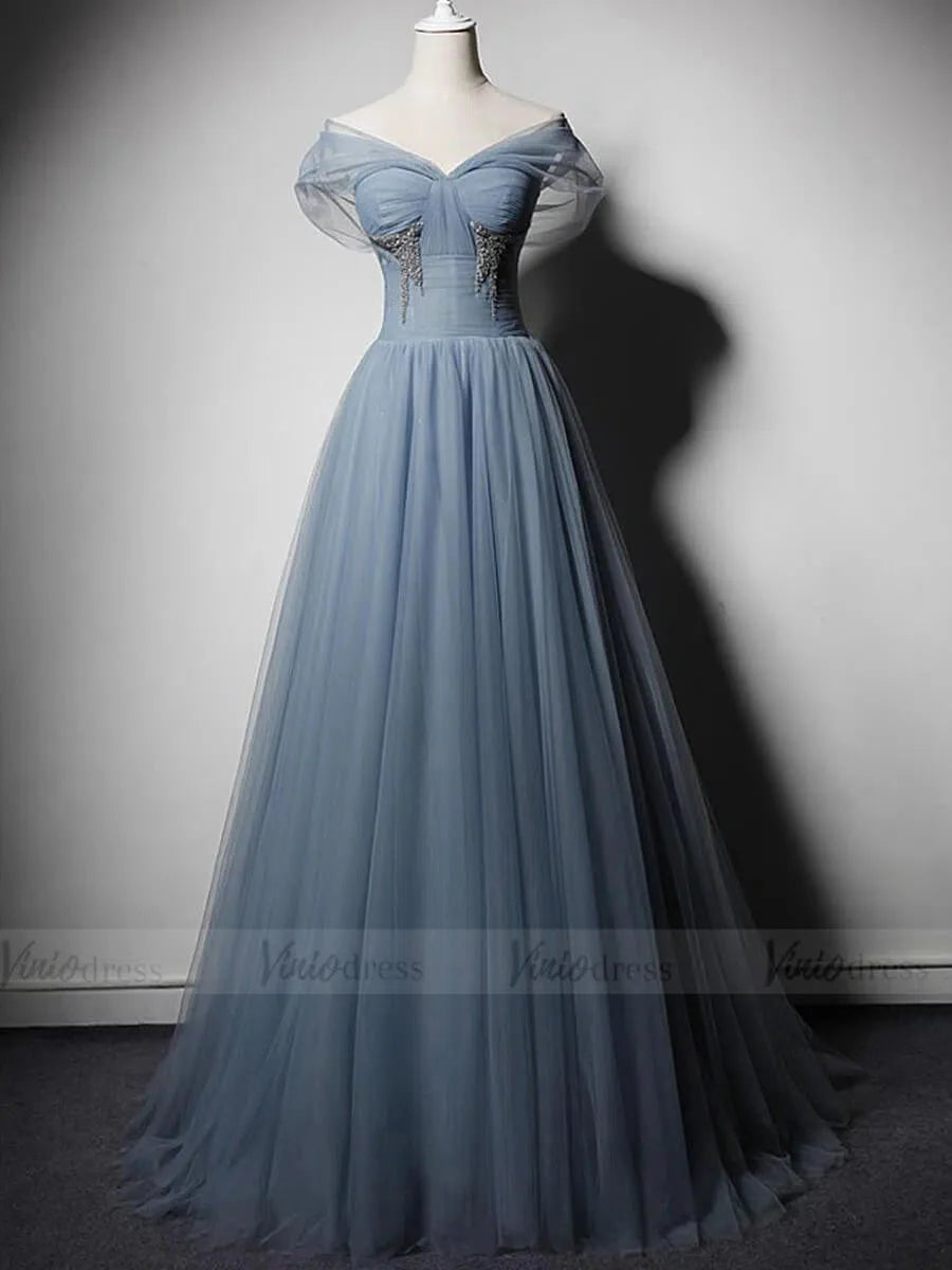 Simple Slate Blue Tulle Long Prom Dresses Off the Shoulder FD1619