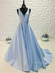 Simple V Neck Yellow Long Prom Dresses with Pockets FD1713