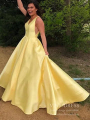 Simple V Neck Yellow Long Prom Dresses with Pockets FD1713