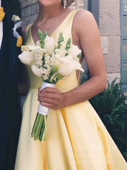 Simple V Neck Yellow Long Prom Dresses with Pockets FD1713