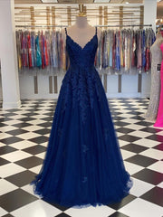 Spaghetti Strap Blue Prom Dresses Lace Appliqued Formal Dress FD2637